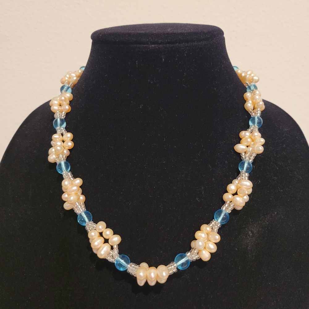 White Fresh Water Floral Desig Pearls Accented By Blue Color Glass Bead Necklace